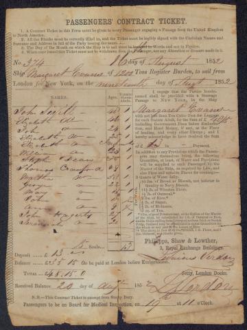Passenger Contract Ticket for the John Sivell family and others who traveled to America from London aboard the ship “Margaret Evans" in 1852.