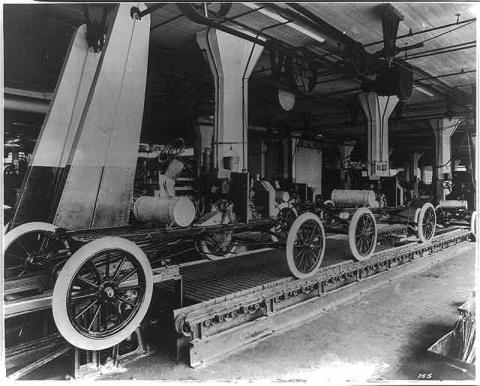 "Assembly Line at the Ford Motor Company's Highland Park Plant," ca. 1913. 