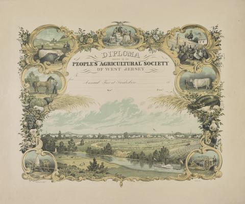 This print from the 1850s shows a number of agricultural products and machines under the banner of liberty and prosperity.