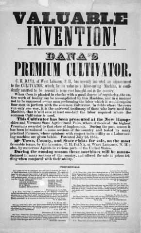 This document from 1855 is an advertisement for a new cultivator with numerous testimonials from farmers as to its value as an agricultural tool.