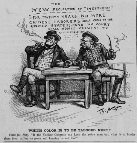 This is Thomas Nast’s political cartoon from 1882 about the Chinese Exclusion Act. 