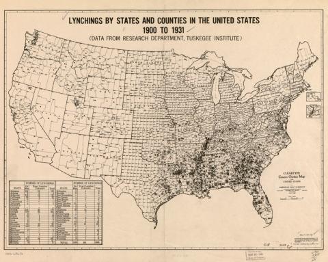 A map depicting the number of lynchings by state and county from 1900-1931. The map shows the heaviest concentration of lynchings occurring in Southern States.
