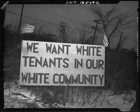 A protest sign placed outside a housing project for African Americans in Detroit, Michigan.  Detroit was one of many northern cities African Americans migrated to from the South during the Great Migration. 