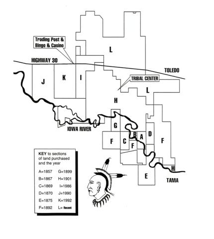 Map and text of the Meskwaki land purchases over time.