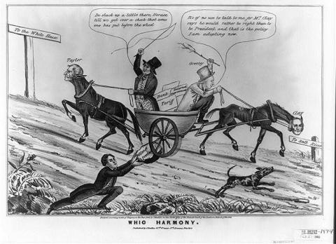 This 1848 political cartoon predicted the downfall of the Whig party by showing its leaders trying to take the party in opposite directions.