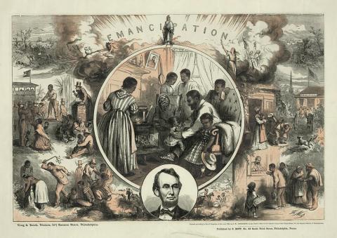 In his 1865 image titled “Emancipation,” Thomas Nast celebrates the emancipation of Southern slaves with the end of the Civil War by contrasting a life of suffering and pain before the conflict with a life of optimism and freedom afterwards. 