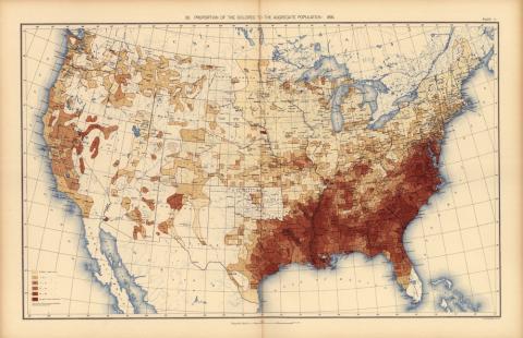 Based upon the results of the eleventh census, this map from the 1898 Statistical Atlas of the United States depicts the percentage of people of color per square mile across the United States. 
