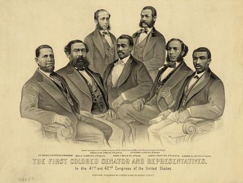 This 1872 portrait print published in New York by Currier and Ives depicts a group portrait of the first African-American legislators in the history of the United States Congress.