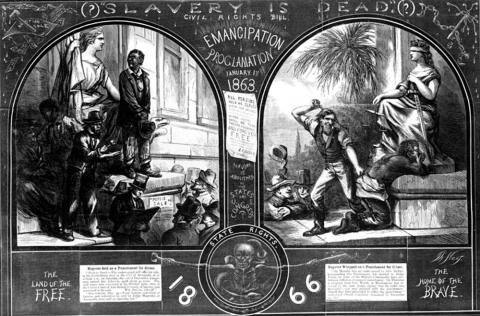 Thomas Nast’s “(?)Slavery is Dead(?)” appeared in the  January 12, 1867 edition of Harper’s Weekly  to draw attention to the ability of state governments to work around the 1863 Emancipation Proclamation, 1865 Thirteenth Amendment to the Constitution, and 1866 Civil Rights Act. 
