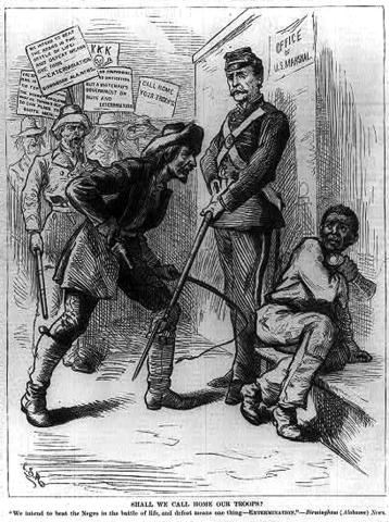 In this 1875 image published in the Birmingham (Alabama) News and titled “Shall we call home our troops? "We intend to beat the negro in the battle of life & defeat means one thing--EXTERMINATION," a group of five Southern white men is shouting at and intimidating an African-American man who cowers behind a United States soldier who is calmly standing between the mob and African-American with his gun and bayonet pointed towards the ground. 