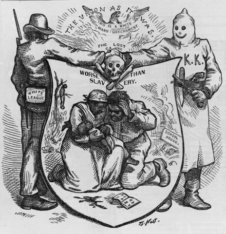 In his 1874 cartoon titled “The Union as It Was,” Thomas Nast depicts a member of the Ku Klux Klan and a member of the White League shaking hands atop a skull and crossbones that rests above an African-American woman and man huddled over their dead child as a school house burns and an African-American is lynched in the background. 