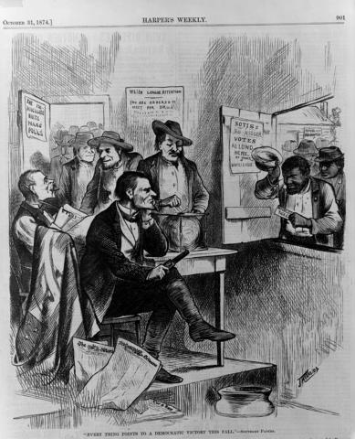 This October 31, 1874 image drawn by James Albert Wales for Harper’s Weekly depicts African-Americans being discriminated against at the polls by the White League in their effort to vote for Republican Party candidates.