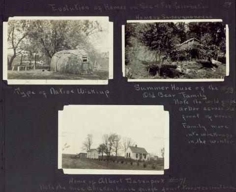 This image is a scrapbook page showing how Meskwaki houses changed over time.