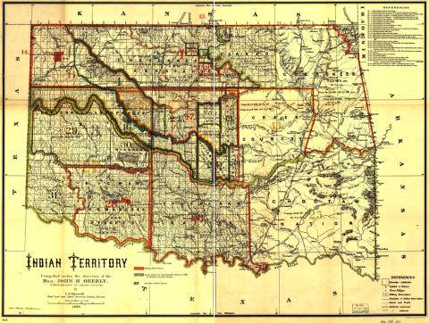 This map, created in 1889, is a map of Indian Territory showing boundaries between tribes that were removed there.