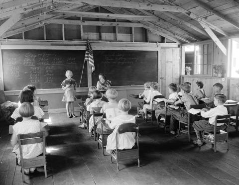 A one-room schoolhouse in West Virginia sometime between 1935 and 1942.