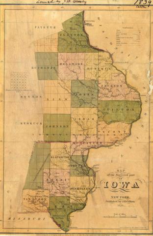 This document is a map of parts of Iowa that had been surveyed by 1839.