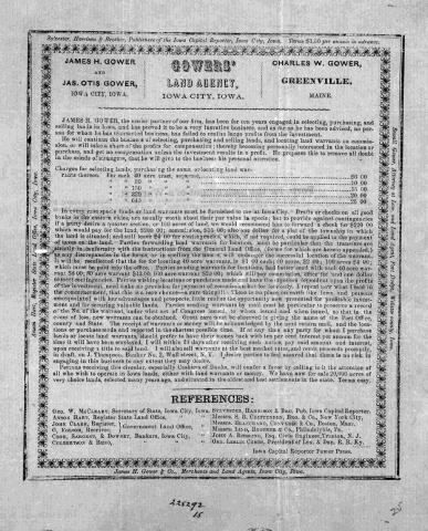 Flyer or advertisement made in 1855 by the Gowers’ Land Agency selling Iowa land presumably for farming.  