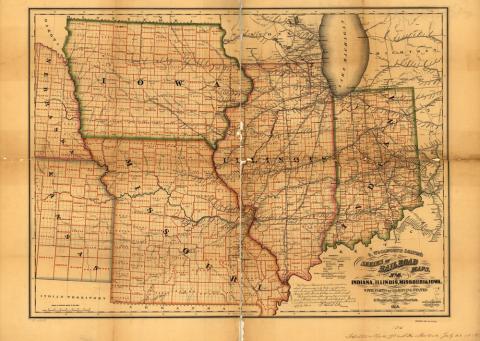 Railroad map of the American Midwest.  The map shows Indiana, Illinois, Missouri and Iowa.