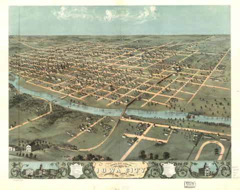 Hand drawn image of a bird’s eye view of Iowa City, Iowa in Johnston County.  The image is from 1868 and shows the city next to the Iowa River. 