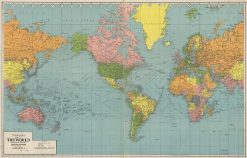 Map of the world printed in 1942 by Geographia Map Company from New York.  This is a Mercator Projection.