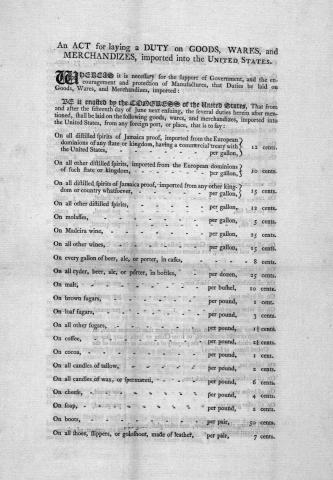 Chart from 1789 showing the tax rates on some common imports into the United States.