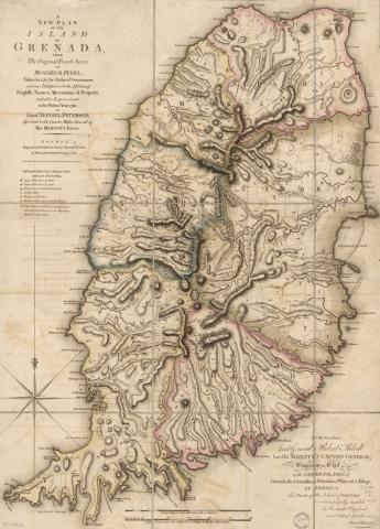 The map shows the island of Grenada and the new plan for it from the English.  Originally a colony of France, the document indicates that the island was taken by the English in 1763.  It shows a plan for growing various commodities on the island.