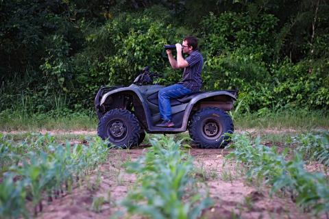 Adult man seen riding four-wheeler ATV next to rows of young corn.  Four-wheeler is still and man sits on top of it looking through binoculars. 