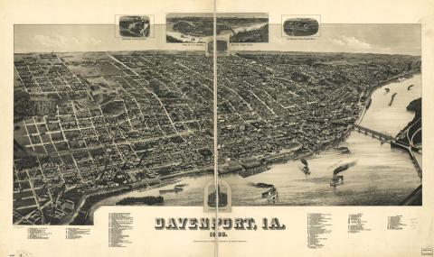 A hand-drawn, not-to-scale, bird’s eye view map of Davenport, Iowa.