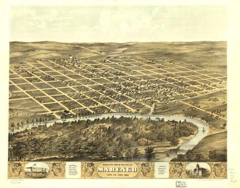 A hand-drawn, not-to-scale, bird’s eye view map of Marengo, Iowa.