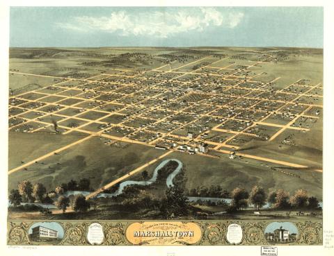 A hand-drawn, not-to-scale, bird’s eye view map of Marshalltown, Iowa.