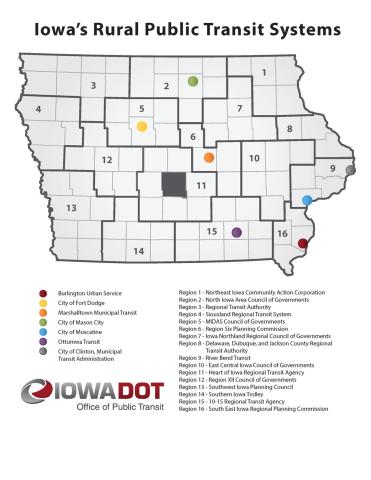 Map showing transit entities in urban areas of Iowa.