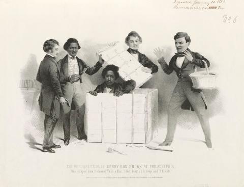 The illustration shows a somewhat comic yet sympathetic portrayal of the culminating episode in the flight of slave Henry "Box" Brown, "who escaped from Richmond Va. in a Box 3 feet long, 2-1/2 ft. deep and 2 ft. wide." 