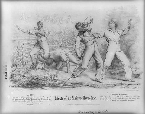 Illsutration showing white fugitive slave catchers attacking and beating runaway slaves in a corn field. 
