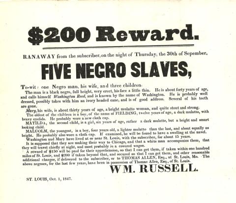 $200 Reward: Poster for the Return of Formerly-Enslaved People, October 1, 1847