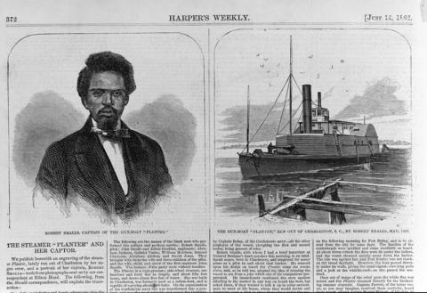 An article describing the escape of Robert Smalls and several members of his family and friends from slavery by taking a Confederate ship and sailing to the north.