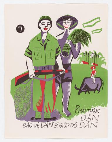 Propaganda poster showing a farmer and South Vietnamese soldier together in a field. 