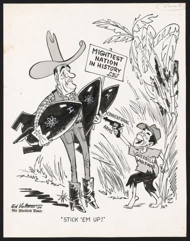 The political cartoon is a black and white image of LBJ and a Vietnamese soldier.