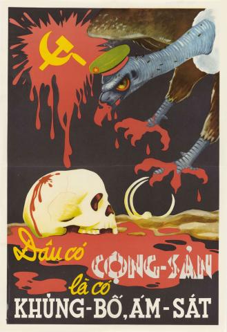 Poster depicting a buzzard with bloody talons grabbing a skull.  