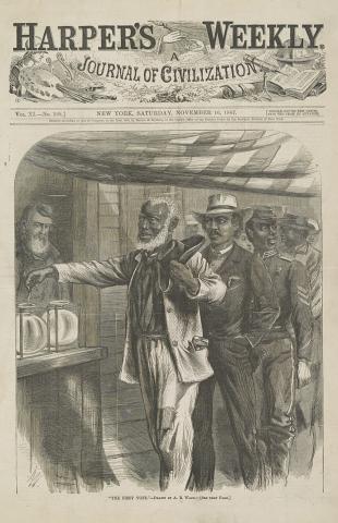 This iconic drawing done by A.R. Waud and published in Harper’s Weekly, shows African American men, in dress indicative of their professions, in a queue waiting their turn to vote.  An American flag hangs as a ceiling over the mens’ heads.  A white election official looks on as the first man drops his vote into the container.