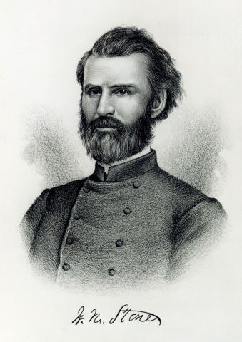 Pencil or charcoal drawn bust portrait of Governor William M. Stone.  Stone appears formal and intense, dressed in uniform, with full beard and wavy hair.
