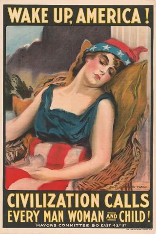 Poster showing a woman symbolizing America sleeping.  