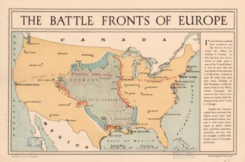 A map with the Europe transposed over a map of the United States.