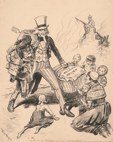 Cartoon of Uncle Sam bringing food to the people of Belgium.
