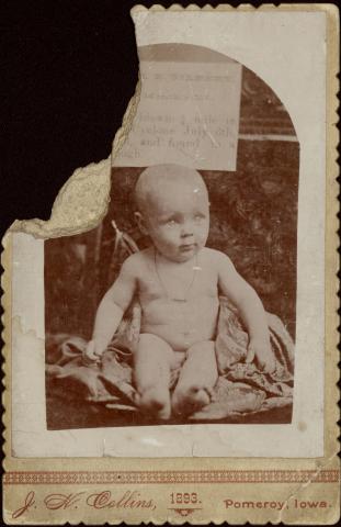 Picture of a 6-month old baby who allegedly was carried nearly 1 mile by a tornado that hit Pomeroy, Iowa, in July of 1893.