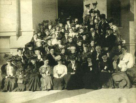 This is a picture taken in November 1905 of the approximately 60 attendees, all women, of the Iowa Equal Suffrage Convention held in Panora, Iowa.