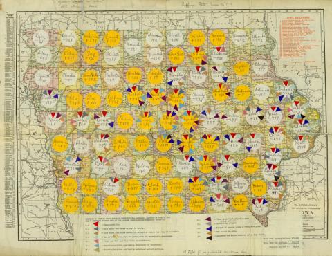 On this 1916 map from Carrie Chapman Catt’s scrapbook created after the failed June 5th attempt to add a woman suffrage amendment to the Iowa constitution, suffragists plot out the margin of victory or loss by county as well as the twelve different alleged irregularities that may have occurred in the various counties that ultimately led to a statewide majority opposed to the amendment. 