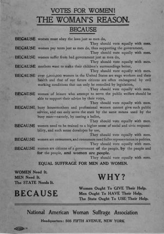 In this 1912 broadside published in New York City by the National American Woman Suffrage Association, ten reasons why women should vote equally with men are listed.   