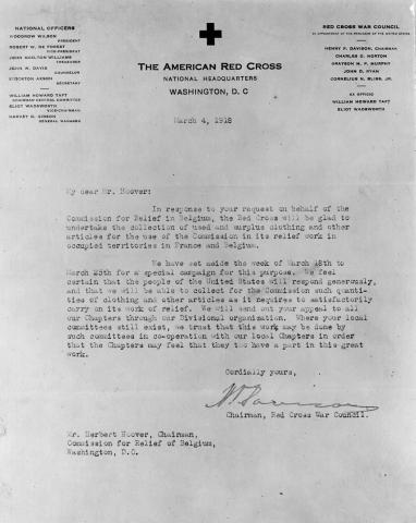 Copy of a letter from the Chairman of the American Red Cross to Mr. Herbert Hoover, Chairman, Commission for Relief of Belgium, written in March of 1918.