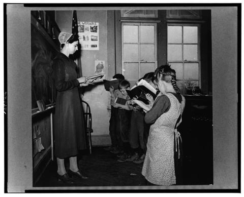 "Mennonite School Teacher with Class of Amish, Mennonite and Pennsylvania Dutch Children," March 1942