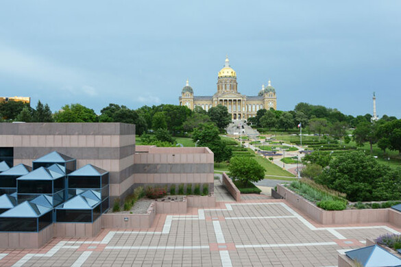 Grand Terrace at the State Historical Building with a view of the Iowa State Capitol building